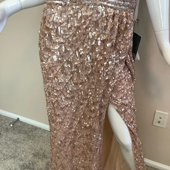 MacDuggal Rose Gold Sequin Evening Gown with Slit and Train - Picture 7 of 14